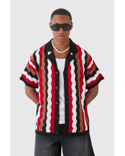 BoohooMAN Oversized Boxy Revere Open Knit Stripe Shirt In Red for men
