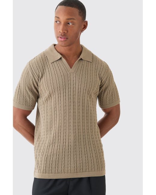 BoohooMAN Natural Regular Revere Collar Cable Knit Polo for men