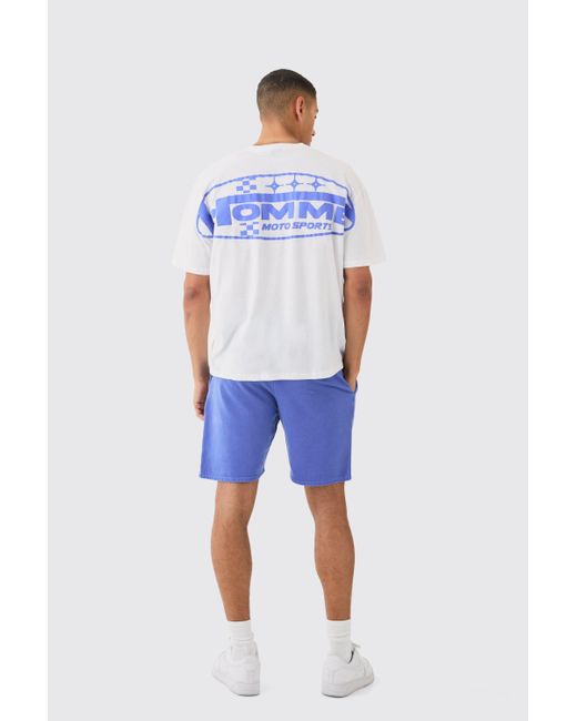 BoohooMAN Blue Oversized Extended Neck Moto Large Graphic Shorts Set for men