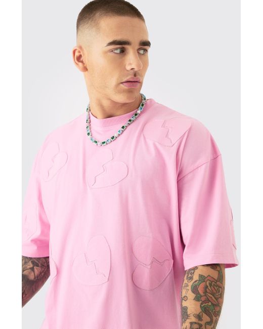 BoohooMAN Oversized Boxy All Over Heart Applique T-shirt & Shorts Set in Pink für Herren