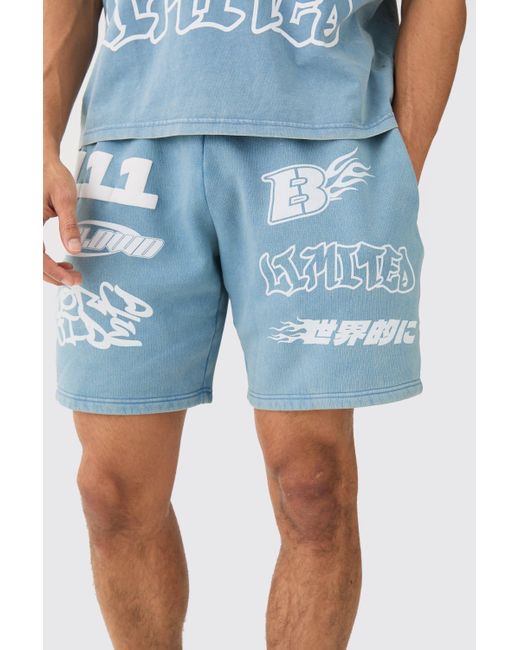 BoohooMAN Relaxed Moto Puff Print Washed Shorts in Blue für Herren