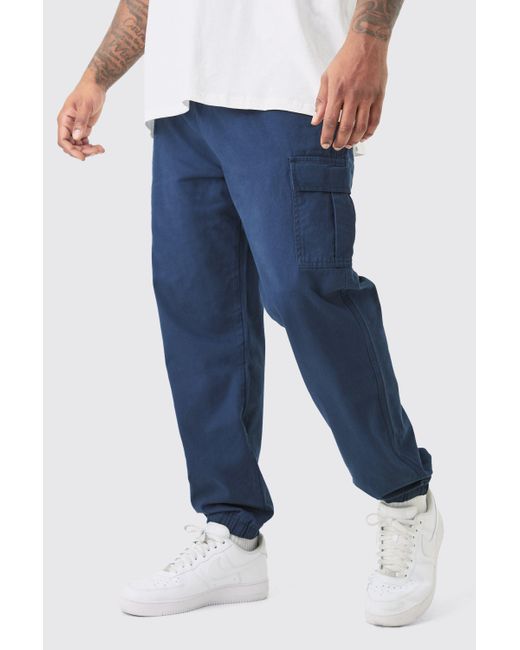 Boohoo Blue Plus Elasticated Waist Twill Slim Fit Cargo Trouser