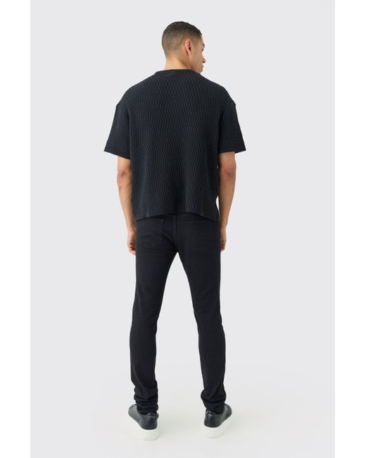 BoohooMAN Black Oversized Textured Open Knit T-shirt for men