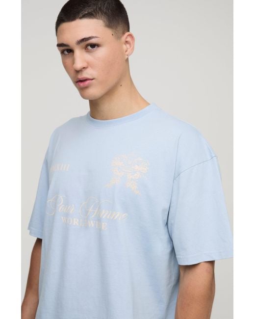 BoohooMAN Blue Oversized Boxy Homme Embroidered T-shirt & Short Set for men