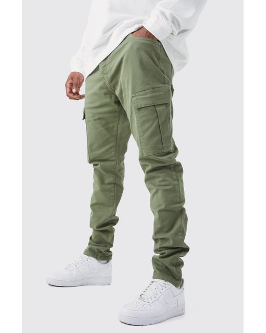 BoohooMAN Plus Fixed Waist Skinny Stacked Cargo Trouser in Green for Men |  Lyst UK