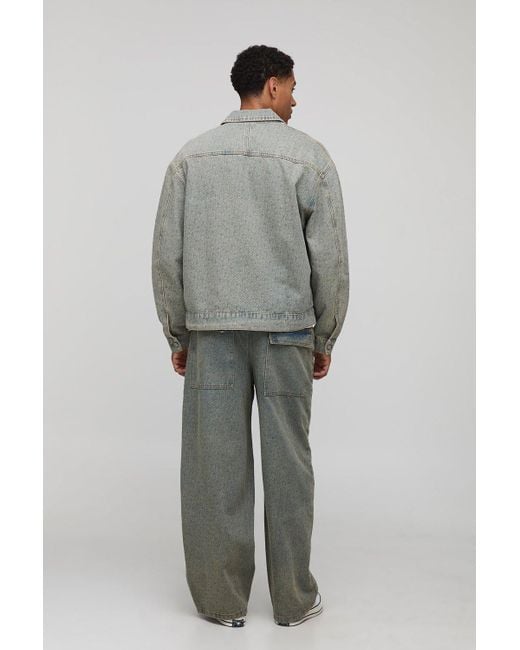 BoohooMAN Gray Oversized Boxy Monogram Washed Jean Jacket for men