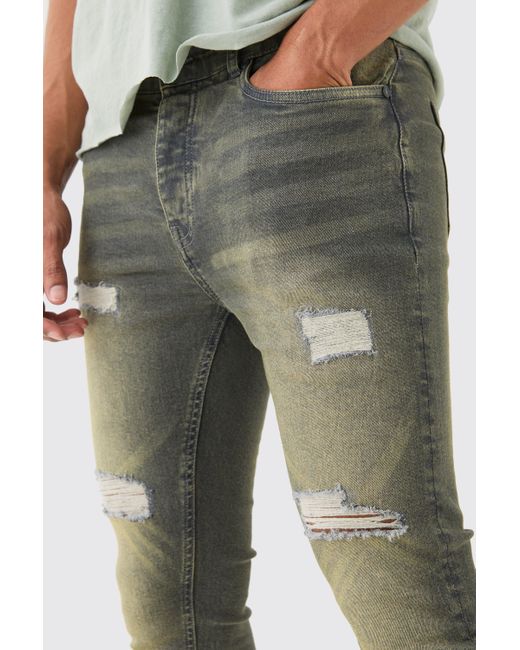 BoohooMAN Green Super Skinny Stretch Ripped Jean In Antique Grey for men