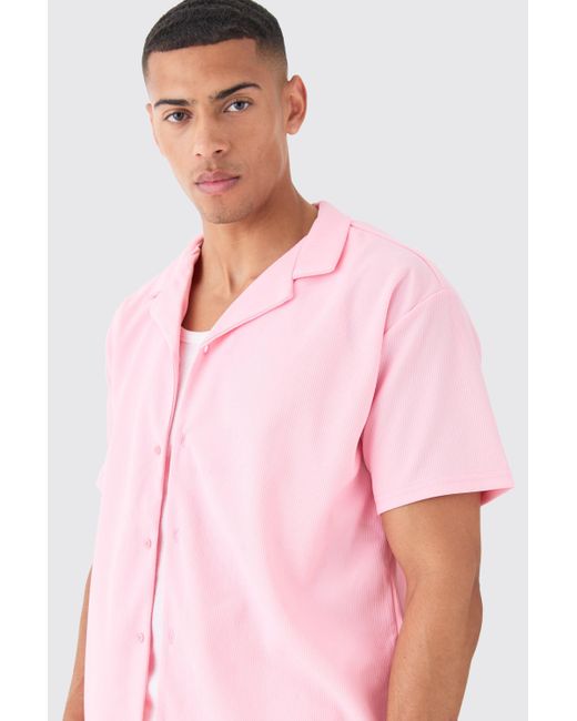 Short Sleeve Ribbed Oversized Shirt Boohoo de color Pink