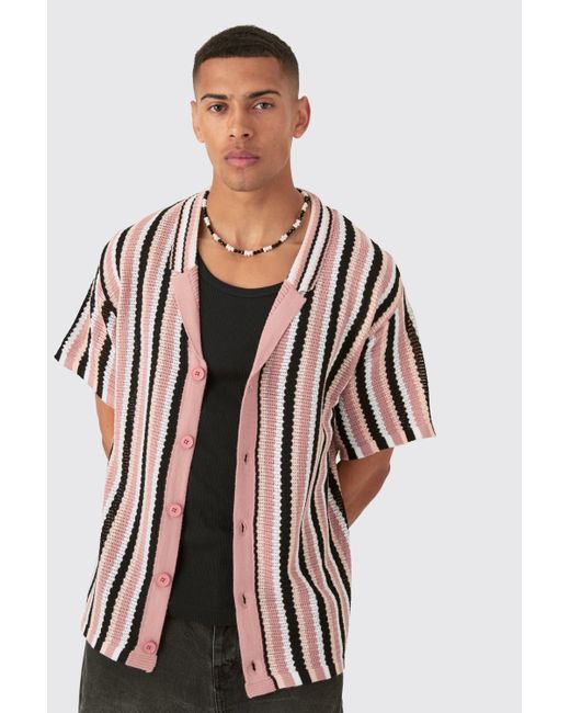 BoohooMAN Oversized Boxy Open Stitch Stripe Knit Shirt In Black for men
