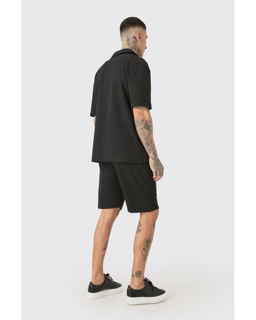 BoohooMAN Tall Short Sleeve Drop Revere Shirt & Short Set In Black for men