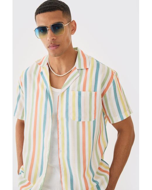 BoohooMAN White Short Sleeve Oversized Revere Stripe Shirt for men