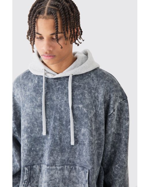 BoohooMAN Blue Oversized Boxy Acid Wash Hoodie With Contrast Hood for men