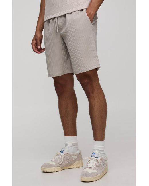 BoohooMAN Natural Elasticated Waist Relaxed Fit Textured Stripe Shorts for men