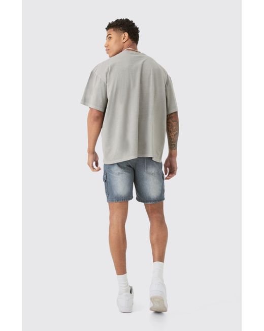 Boohoo Blue Slim Rigid Cargo Denim Shorts In Grey