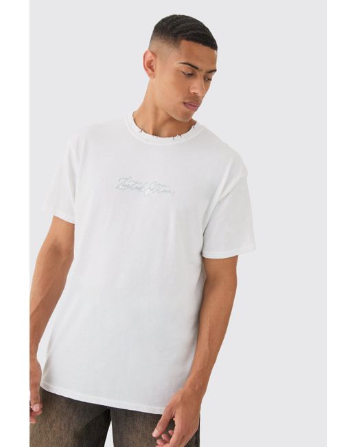 BoohooMAN White Oversized Distressed Embroidered T-shirt for men
