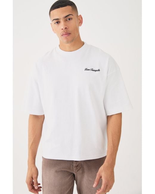 BoohooMAN White Oversized Boxy Heavyweight Embroidered Puff Print T-shirt for men