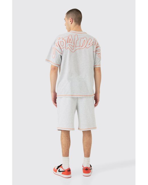 BoohooMAN White Oversized Contrast Stitch Applique T-shirt & Short Set for men