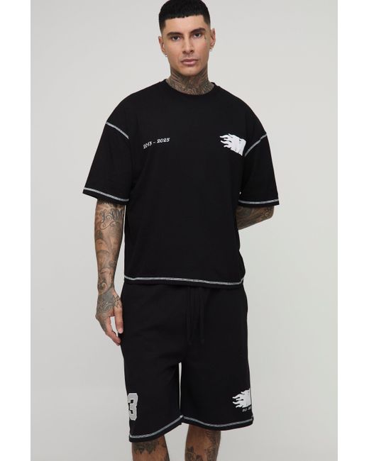 BoohooMAN Black Tall Oversized Boxy Applique 13 Print T-Shirt & Short Set for men