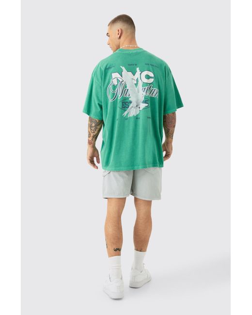 BoohooMAN Green Oversized Extended Neck Nyc Dove Back Print T-shirt for men