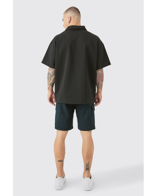 BoohooMAN Black Linen Elastic Waist Cargo Shorts for men
