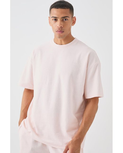 BoohooMAN Oversized Jacquard Stripe T-shirt & Short Set in White für Herren
