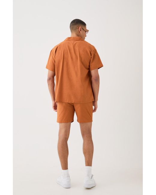 BoohooMAN Short Sleeve Boxy Linen Shirt & Short in Orange für Herren