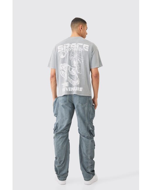 BoohooMAN Gray Oversized Wash Space Graphic T-shirt for men