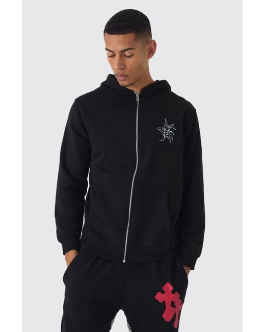 BoohooMAN Black Line Drawn Floral Embroidered Graphic Zip Through Hoodie for men