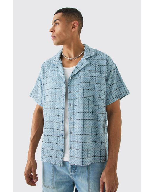 BoohooMAN Blue Boxy Textured Grid Flannel Shirt for men