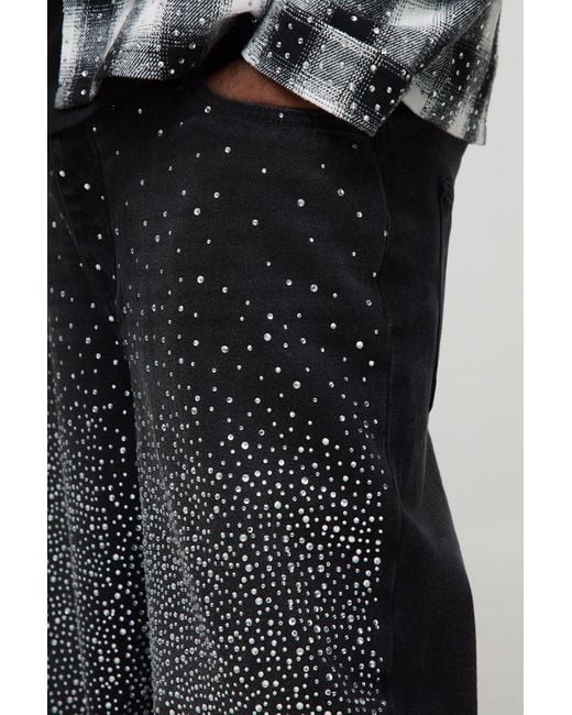 BoohooMAN Plus All Over Rhinestone Relaxed Fit Jeans in Black für Herren