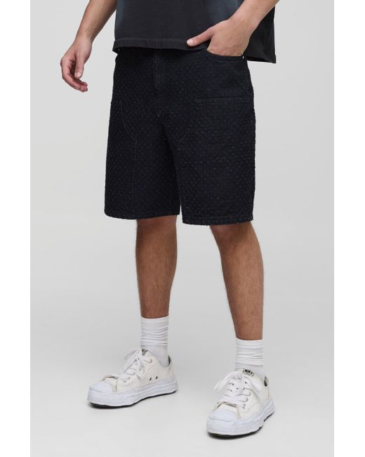 Boohoo Black Relaxed Rigid All Over Distressed Carpenter Denim Jorts