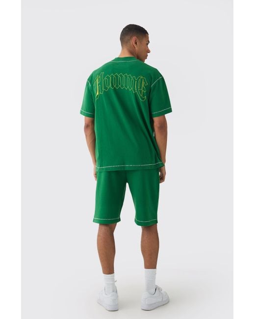 BoohooMAN Green Oversized Extended Neck Star Rhinestone T-shirt & Shorts Set for men