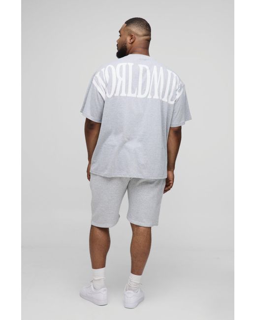 BoohooMAN White Plus Oversized Worldwide Over Seam Print T-shirt & Short Set for men