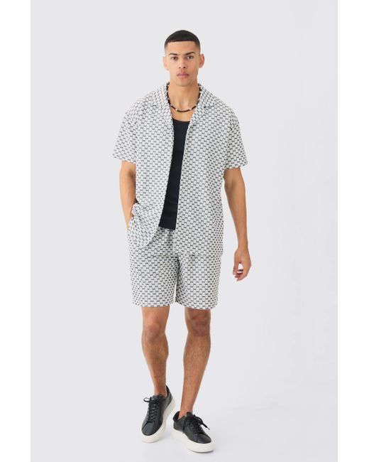 BoohooMAN White Oversized Revere Geo Jacquard Shirt & Short Set for men