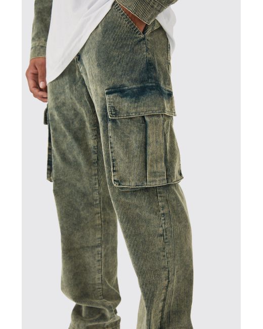BoohooMAN Green Relaxed Acid Wash Corduroy Cargo Trouser for men