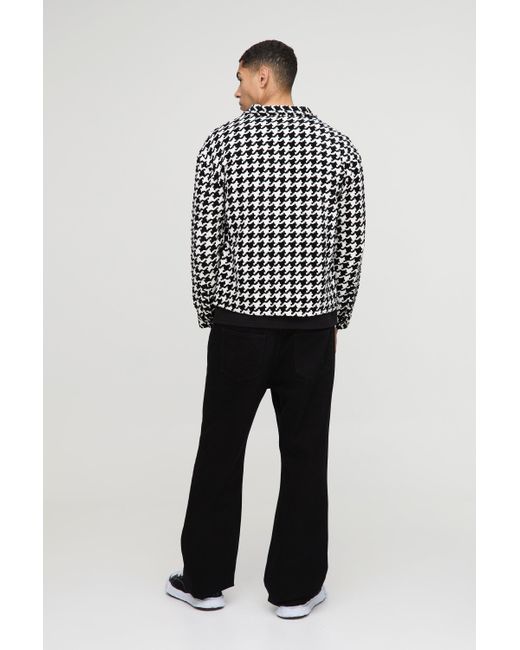Boohoo Gray Oversized Heavyweight Houndstooth Zip Up Overshirt