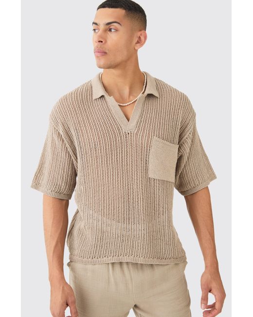 BoohooMAN Natural Oversized Boxy Open Stitch Polo With Pocket In Taupe for men