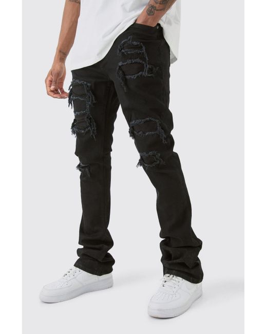 BoohooMAN Tall Skinny Stacked Distressed Ripped Jeans in Black für Herren