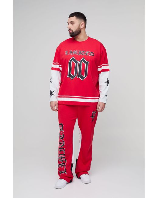 BoohooMAN Red Plus Limited Print Oversized Faux Layer T-shirt Sand Gusset Jogger Set for men