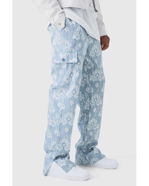 BoohooMAN Blue Tall Elasticated Waist Split Hem Tapestry Cargo Trouser for men