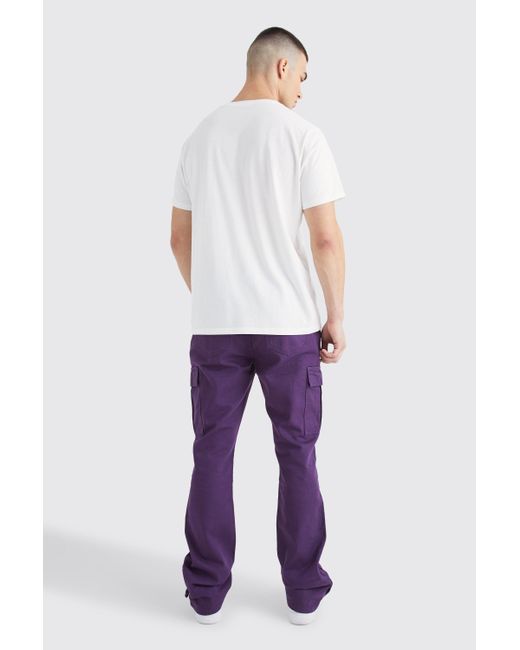 Boohoo Purple Tall Slim Flare Popper Hem Paint Splatter Cargo Trouser