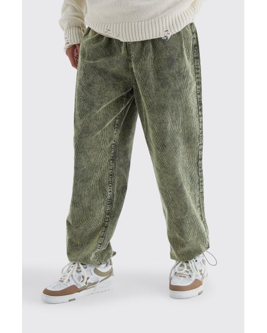 BoohooMAN Green Relaxed Acid Wash Corduroy Trouser for men