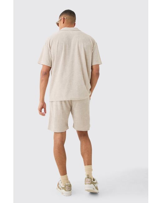 BoohooMAN Natural Oversized Revere Towelling Polo & Shorts Set for men