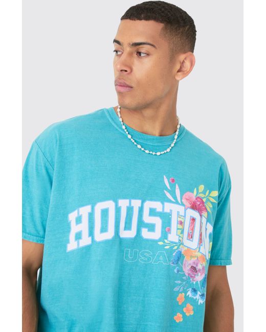 Oversized Extended Neck Houston Floral T-Shirt Boohoo de color Blue