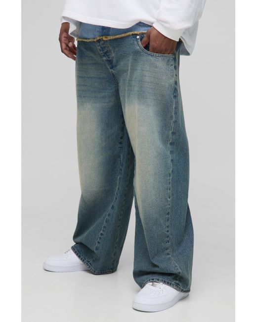 BoohooMAN Plus lockere Jeans mit Kontrast-Waschung in Blue für Herren