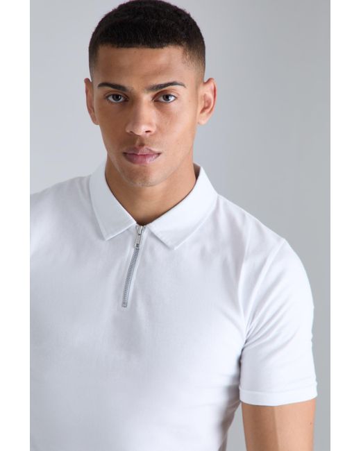 BoohooMAN White Muscle Zip Neck Polo for men