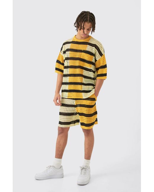BoohooMAN Yellow Oversized Open Stitch T-shirt Short Knitted Set for men