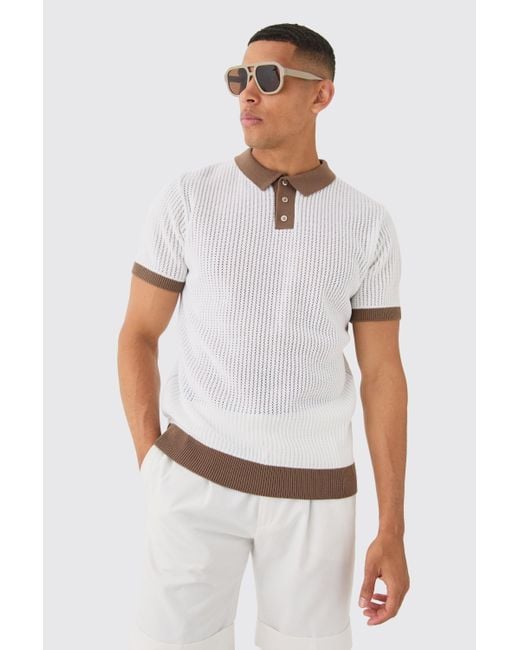 BoohooMAN Regular Fit Ribbed Open Stitch Contrast Polo In White for men