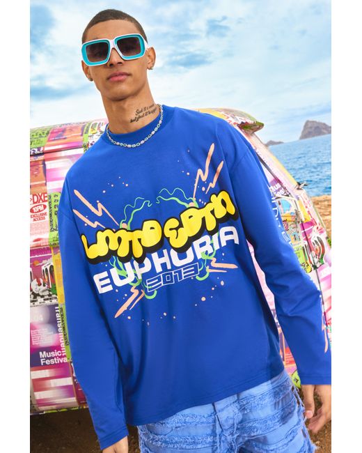 BoohooMAN Blue Long Sleeve Euphoria Graphic T-shirt for men