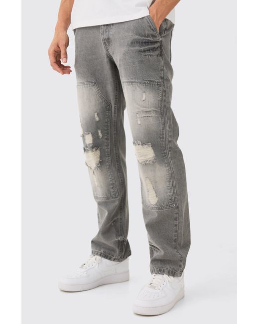 BoohooMAN Gray Relaxed Rigid Ripped Carpenter Jeans In Mid Grey for men